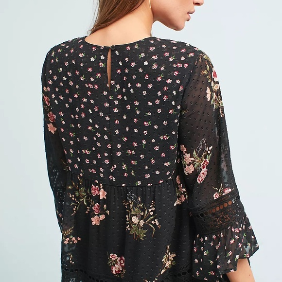 Anthropologie Maeve Floral Black Blouse Steffy Bell-Sleeve Blouse - Picture 2 of 6